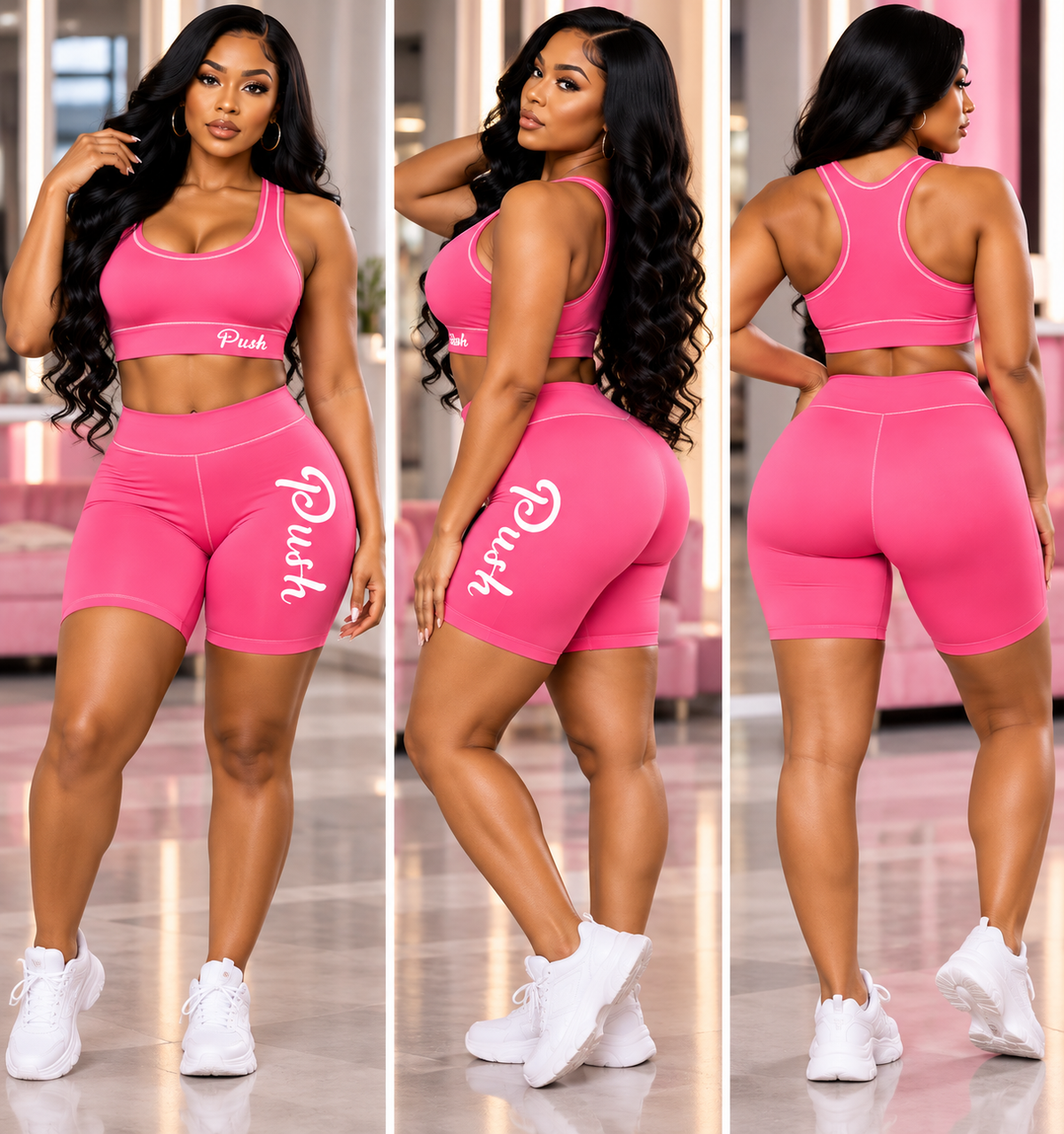 PUSH Collection Signature Pink Active Set — Sports Bra + High-Waisted Biker Shorts