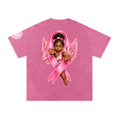 Black Angel with Pink Ribbon Snow Washed Oversized Cotton T-Shirt
