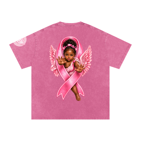 Black Angel with Pink Ribbon Snow Washed Oversized Cotton T-Shirt