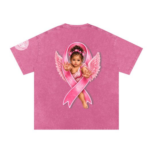 Mixed Angel with Pink Ribbon Snow Washed Oversized Cotton T-Shirt
