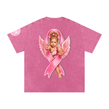 White Angel with Pink Ribbon Snow Washed Oversized Cotton T-Shirt