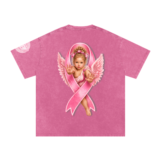 White Angel with Pink Ribbon Snow Washed Oversized Cotton T-Shirt